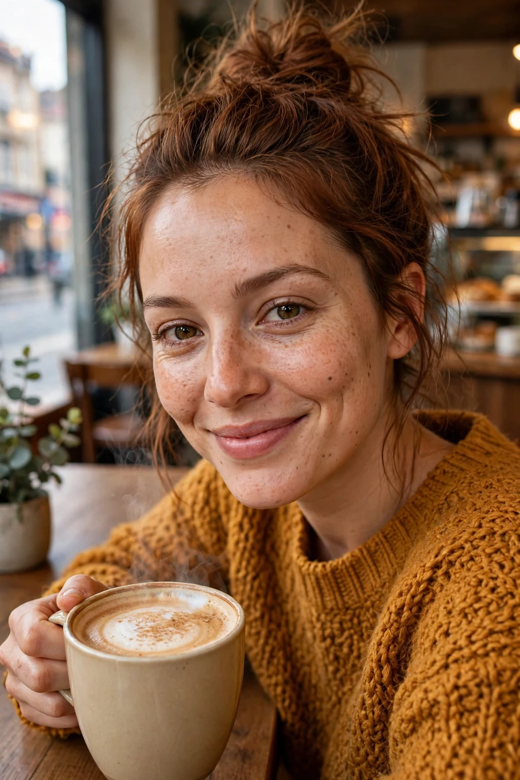 Young woman with a messy winter top knot hairstyle, wearing a cream-free ochre sweater in a cozy cafe.