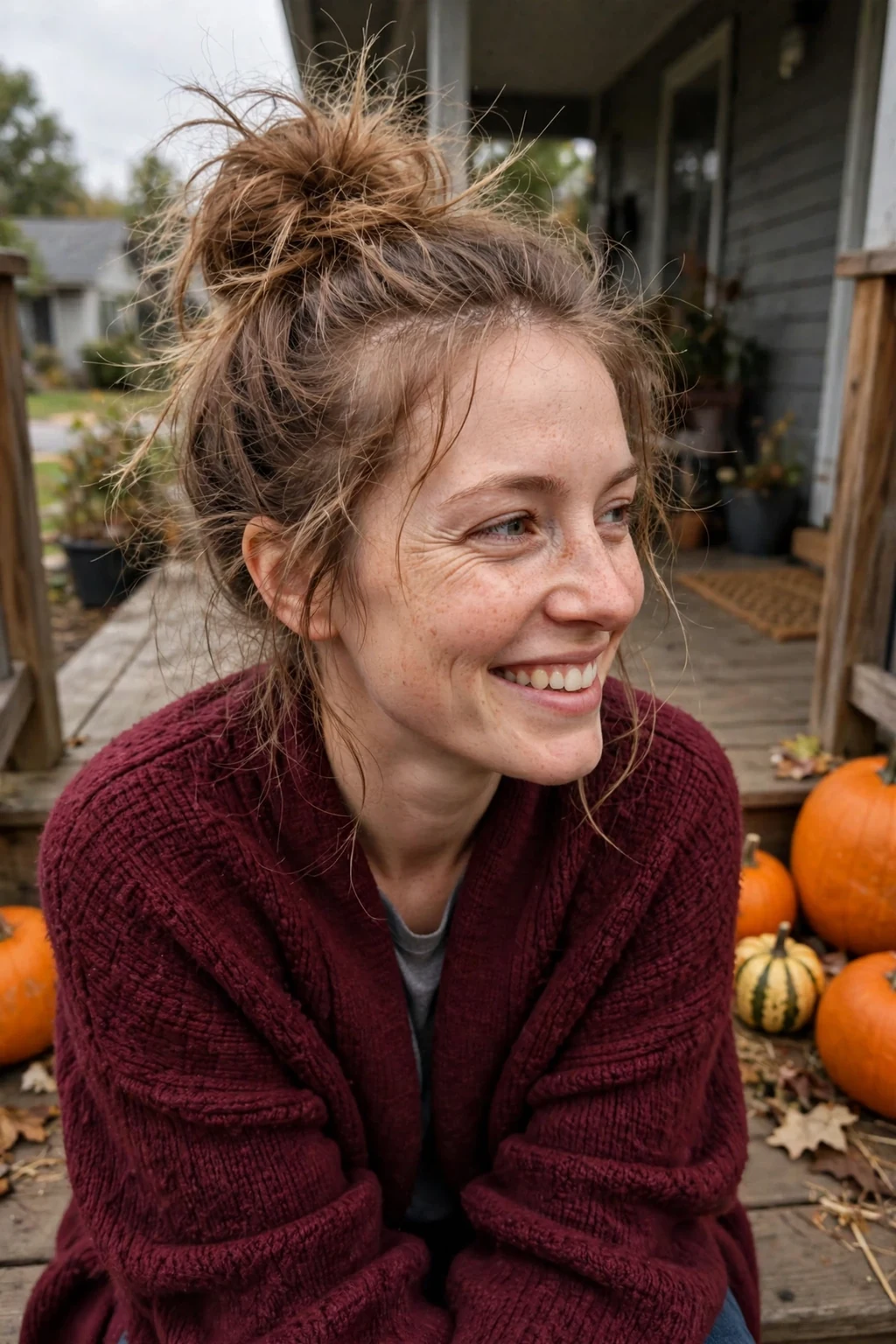 Young woman with a messy witch bun and loose strands on a porch wearing a burgundy cardigan.