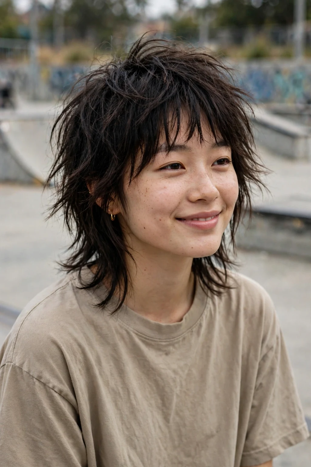 Beautiful woman with messy wolf cut, effortlessly messy wolf, relaxed light.