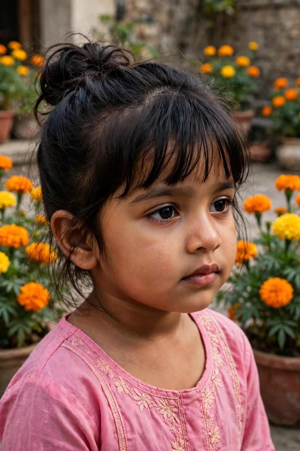 A toddler girl with messy bun with bangs hairstyle, wearing pink kurti top, in courtyard with marigold flowers.