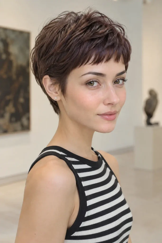 Feminine Pixie Haircuts with modern micro bangs and a textured crown