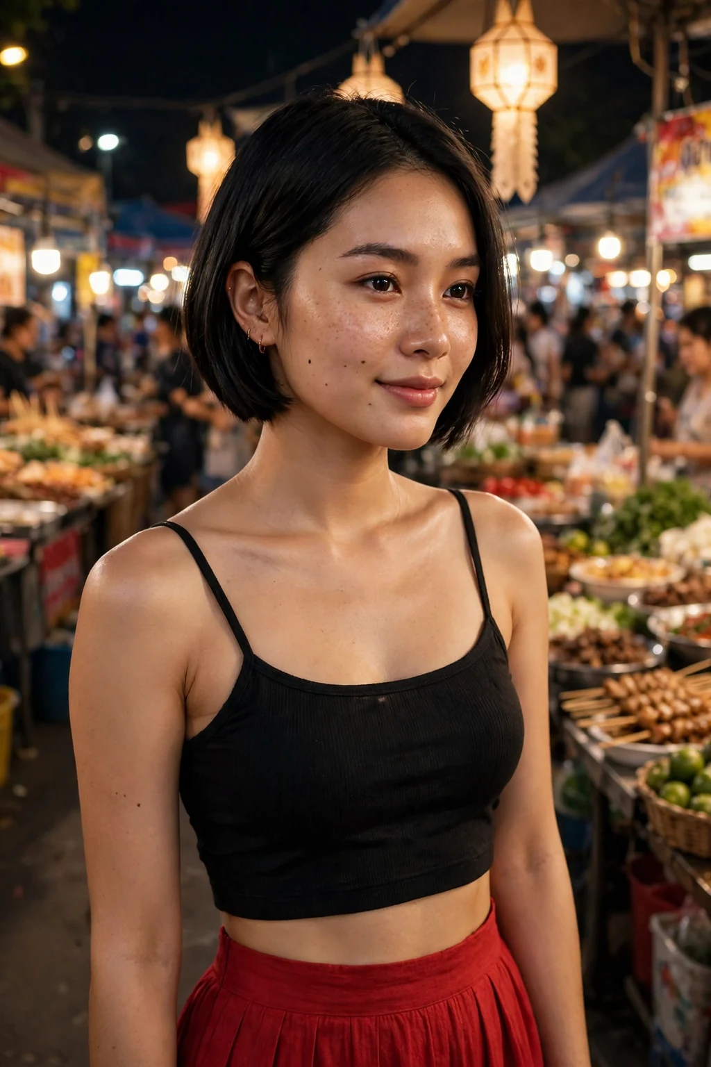 Young Thai woman with a micro bob in a night market wearing a black top.