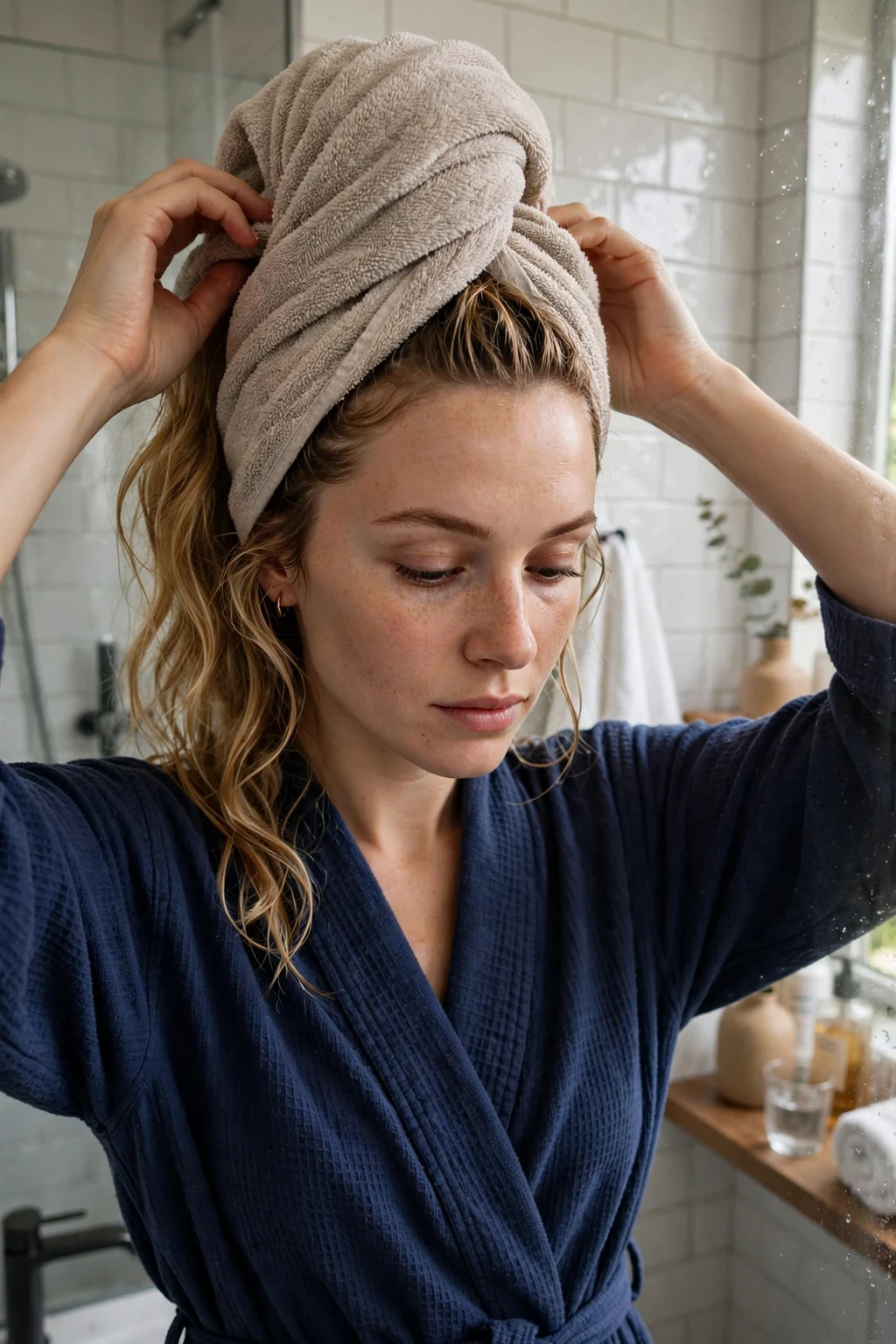 A young woman wrapping her wet wavy hair in a microfiber towel turban after a shower.