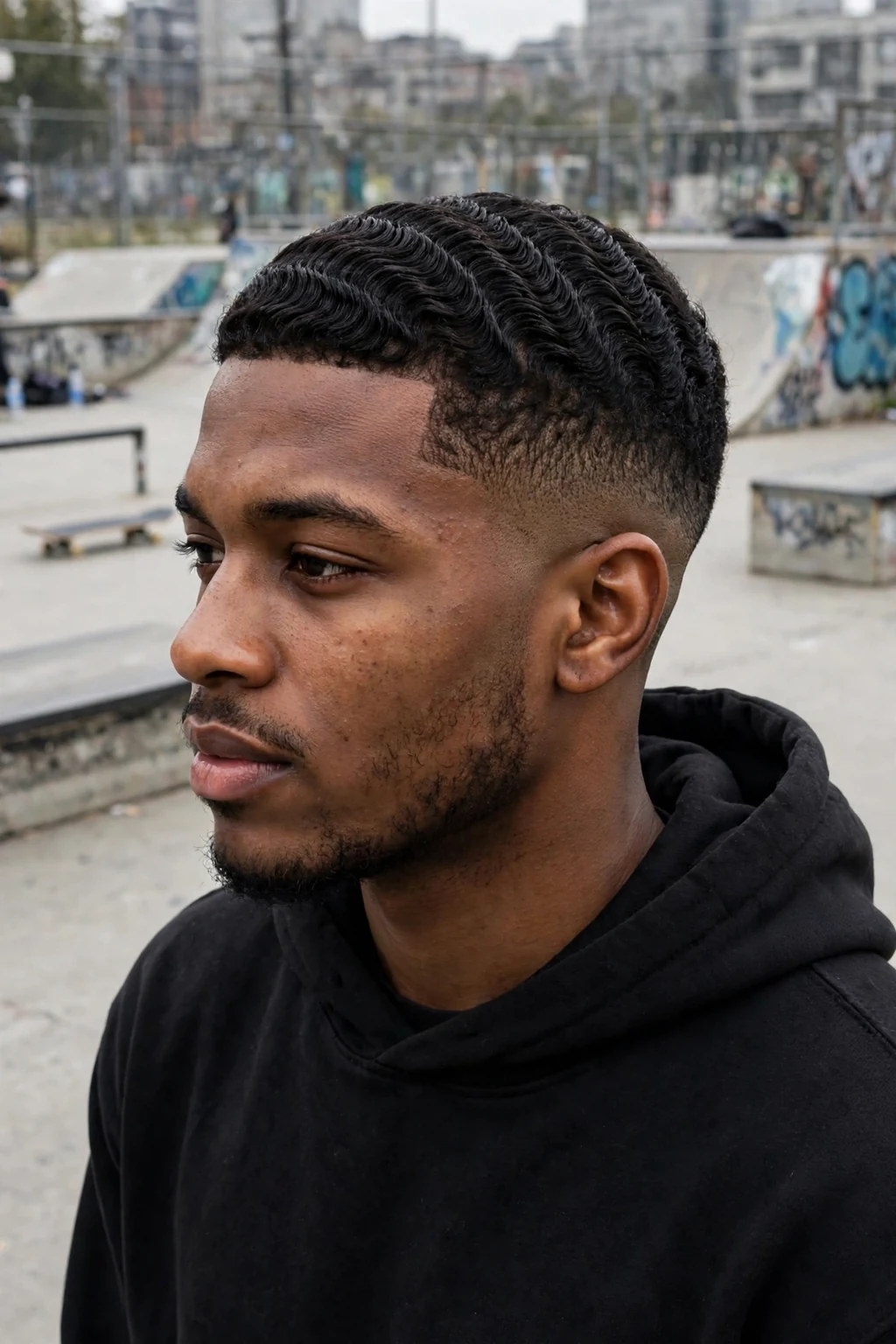 Young man with a mid fade and textured top for thick hair, wearing a black hoodie in a skate park.