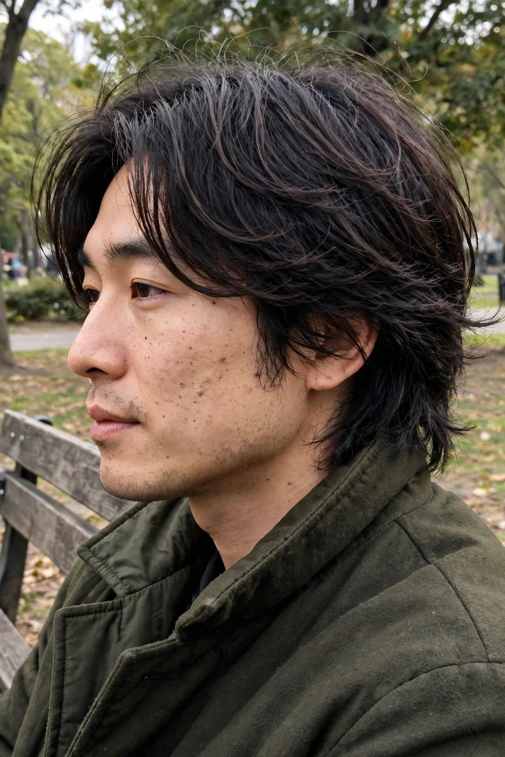 Man with a mid-length layered lob for thick hair, sitting on a park bench in a dark olive coat.