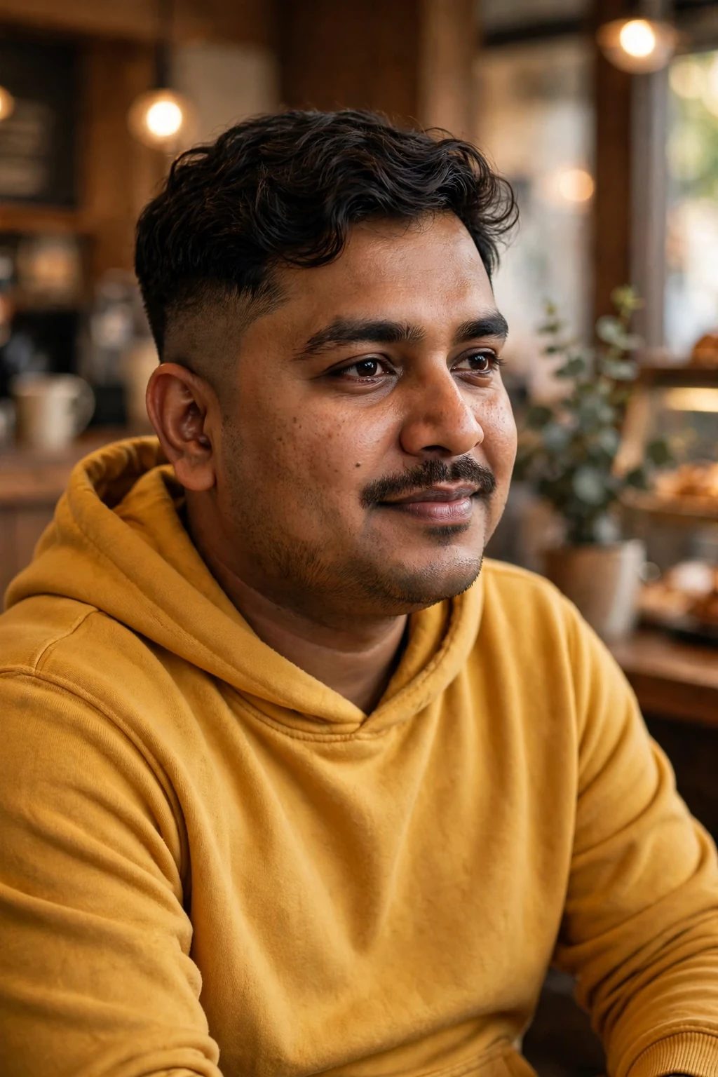 A man with a mid skin fade wearing a mustard hoodie in a coffee shop.