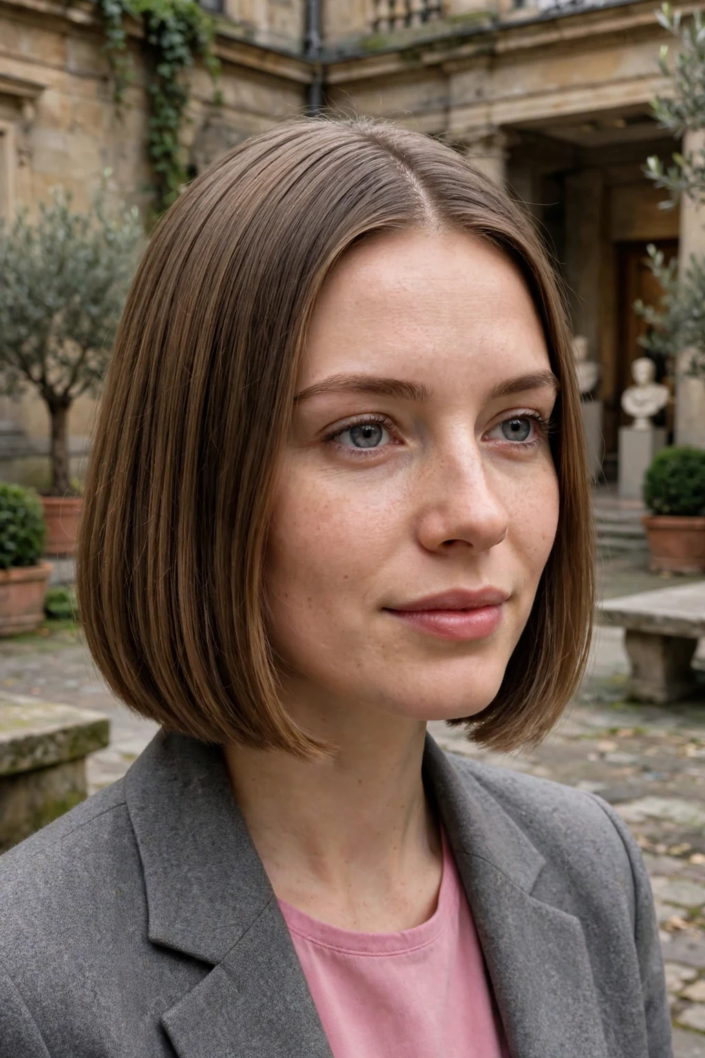 Young Polish woman with a middle-parted bob in a museum courtyard wearing a grey blazer.