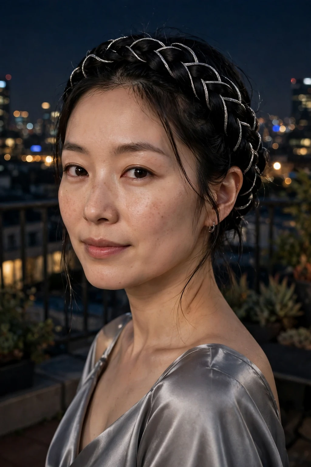 Young woman with a midnight black crown braid decorated with silver web pins.