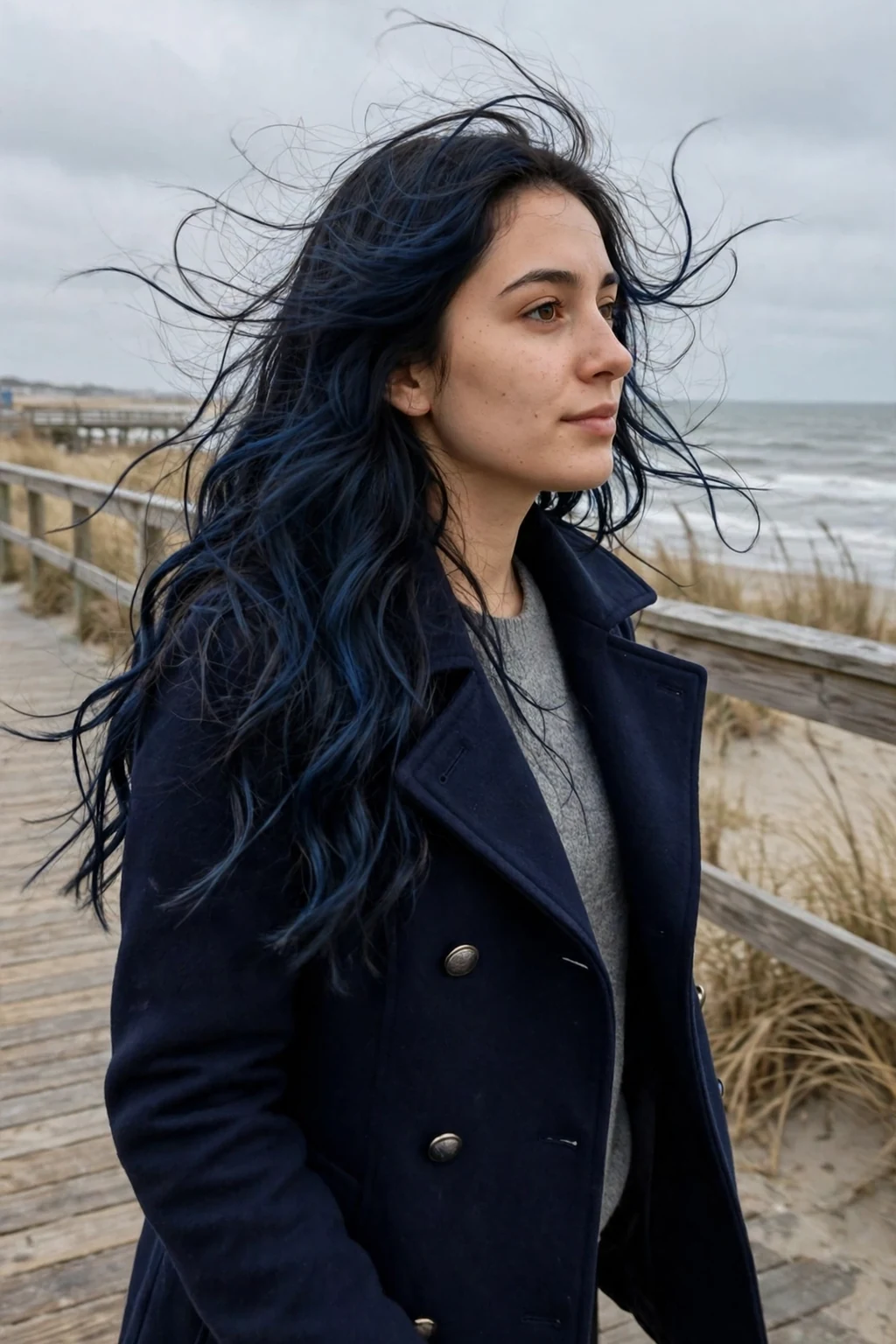 Young woman with midnight blue black waves on a beach boardwalk wearing a navy peacoat.