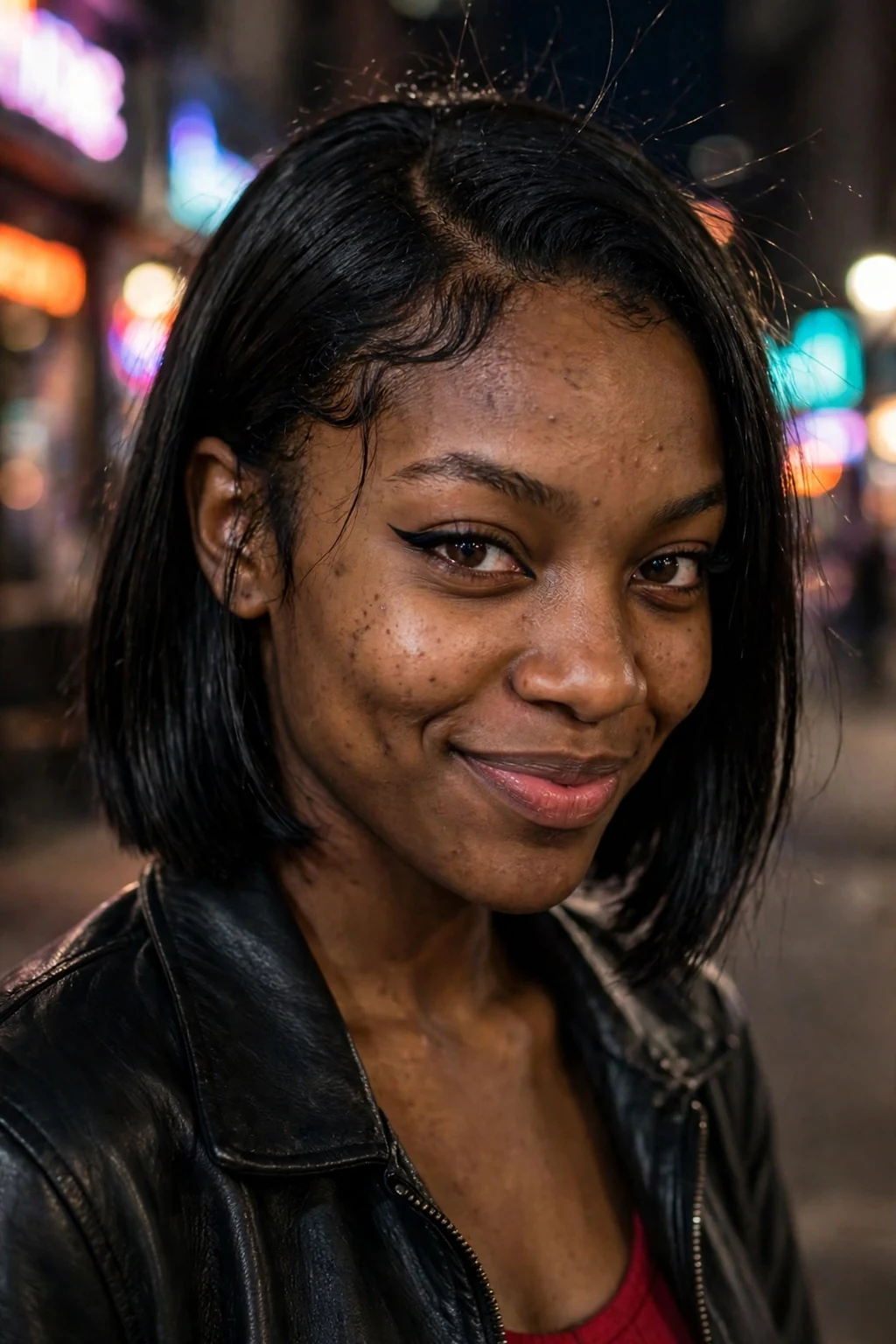 Young Black woman with a midnight black sleek lob and cat-eye makeup at a Halloween party.