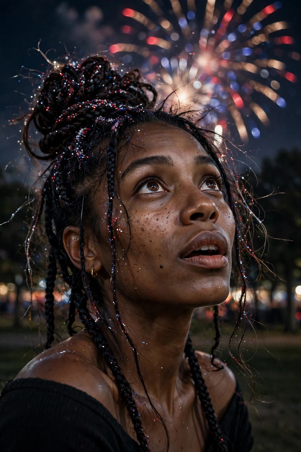 Young woman with a midnight fireworks glitter braided bun at an evening fireworks show.