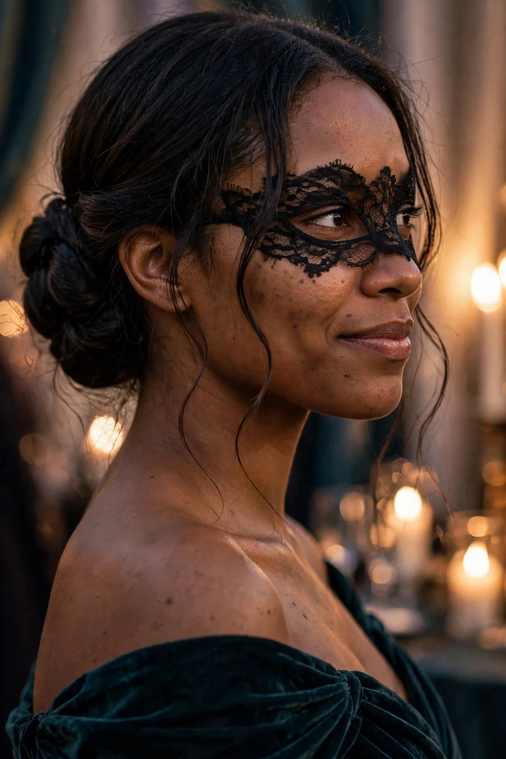 Young Black woman with a midnight masquerade chignon and a lace mask at a Halloween party.