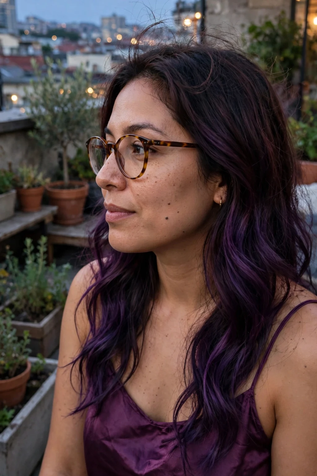 Young woman with midnight purple balayage waves at a rooftop party wearing a plum satin top.