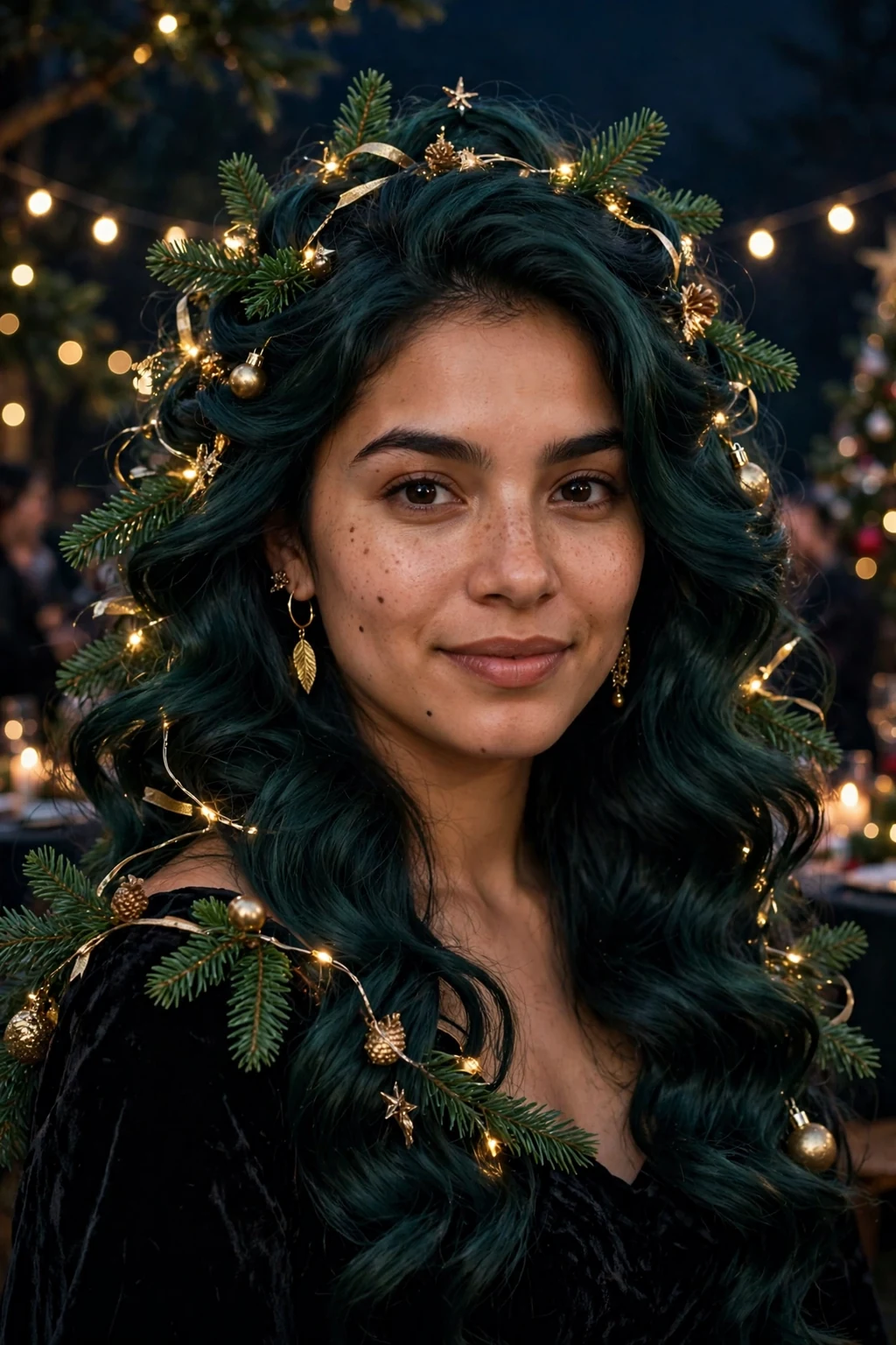 Young woman with midnight tree glam waves hairstyle, festive holiday look.