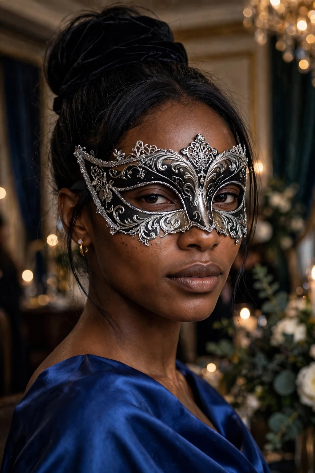 Young woman with a midnight velvet bun and a black masquerade mask.
