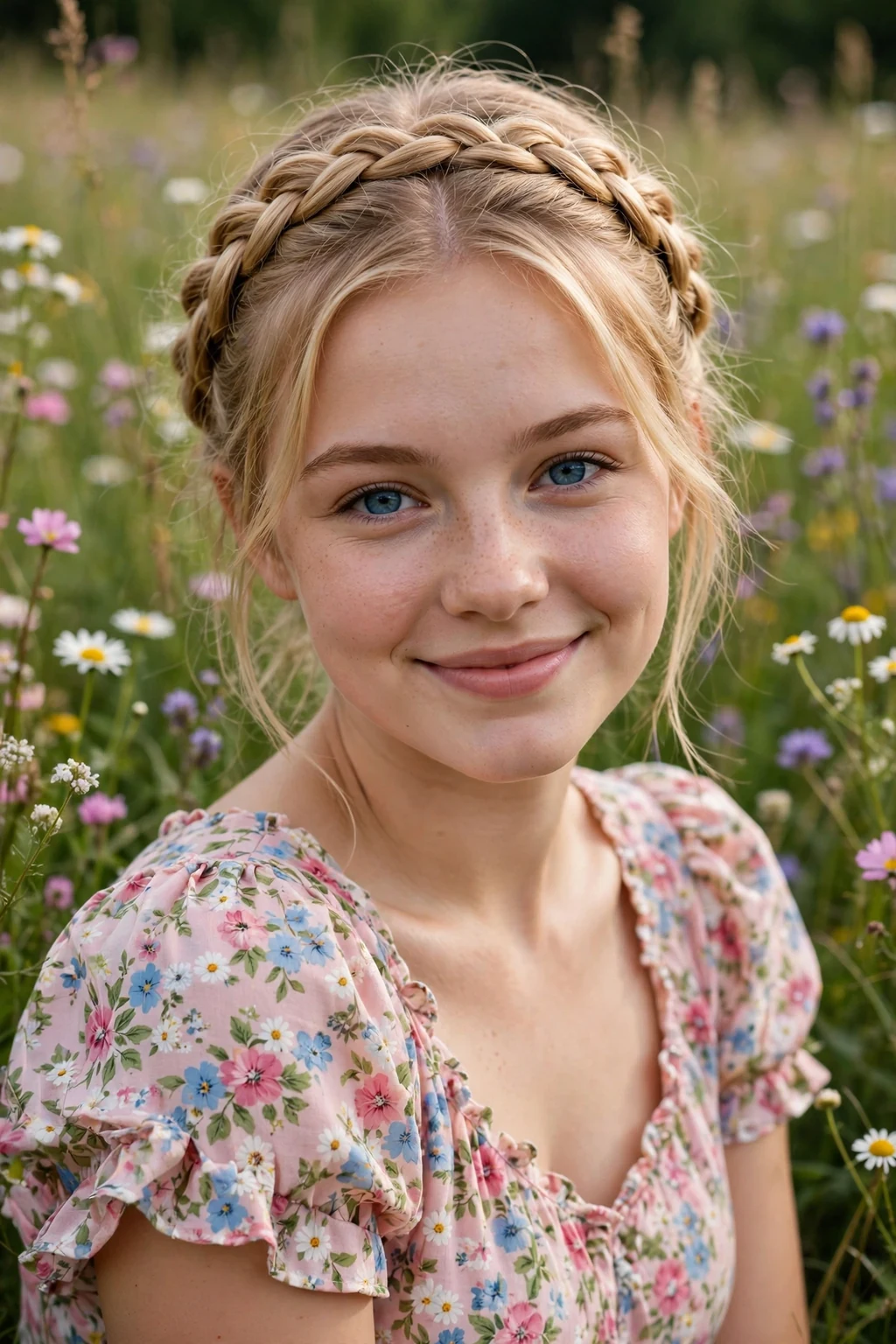 Beautiful woman with milkmaid braid, charming milkmaid braid, sweet light.