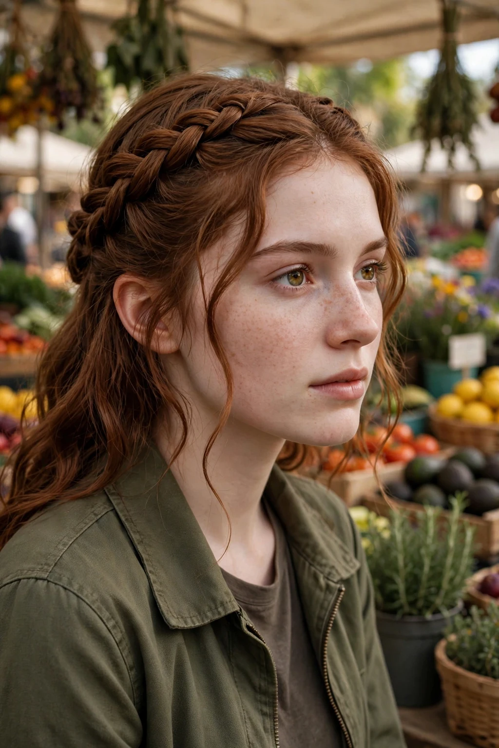 A young woman with milkmaid braids pinned across her head, wearing an olive jacket in a farmers market.