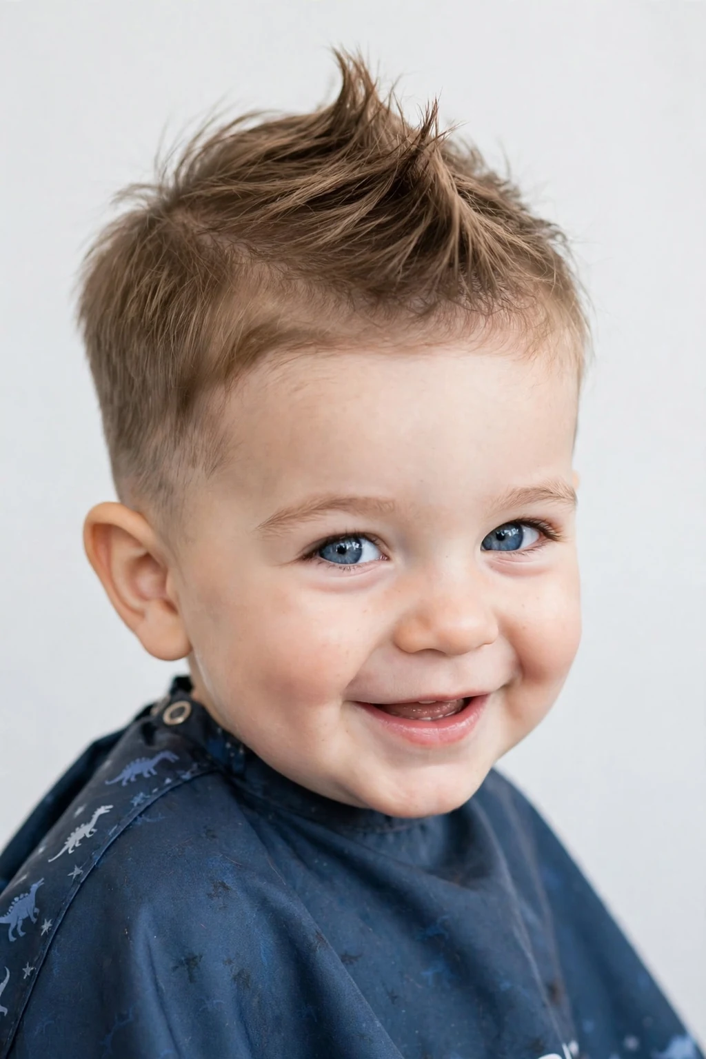 Playful toddler boy with a soft mini faux hawk hairstyle, fun bright lighting, light studio background.