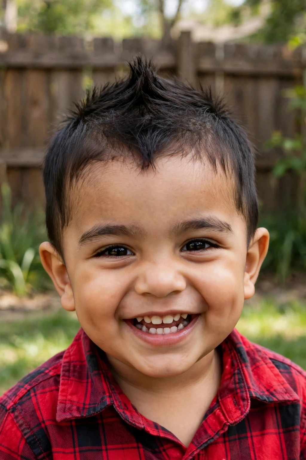 A bold two-year-old toddler boy with a mini mohawk haircut, wearing a red plaid shirt in a backyard with a wooden fence.