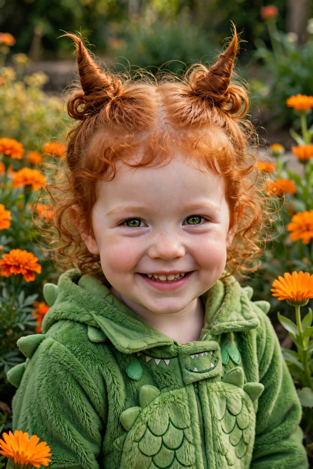 A toddler with two pointed mini buns like monster horns wearing a green costume in a garden.