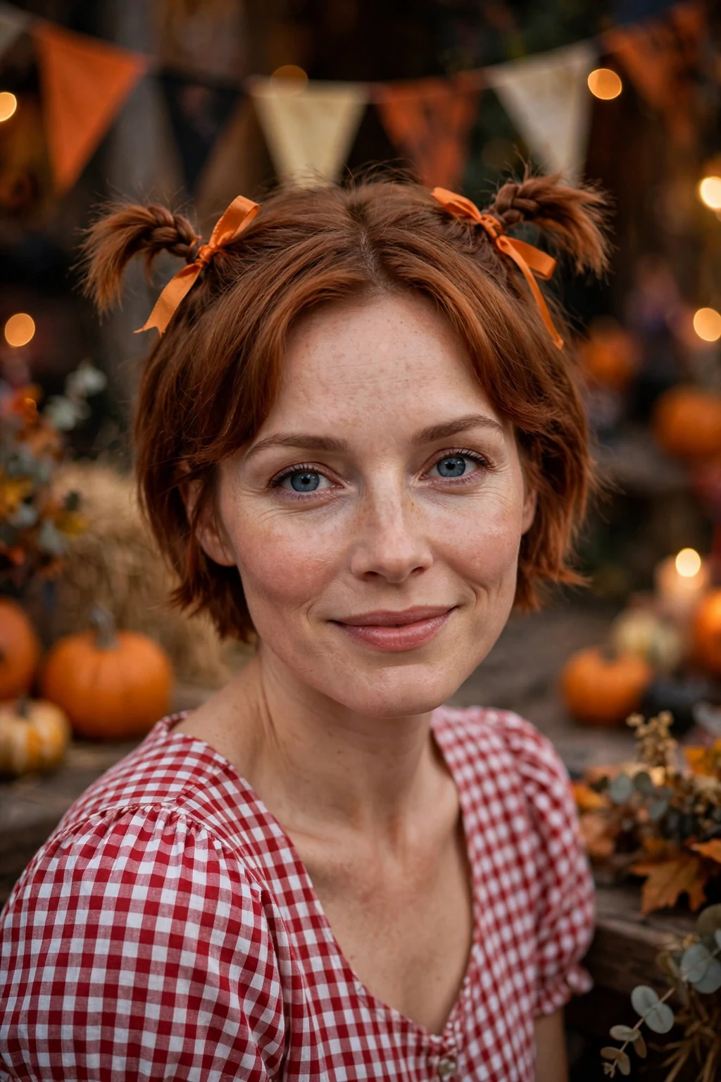 Young woman with two mini pigtail braids on short hair with orange ribbons, wearing a gingham dress at a Halloween costume party.