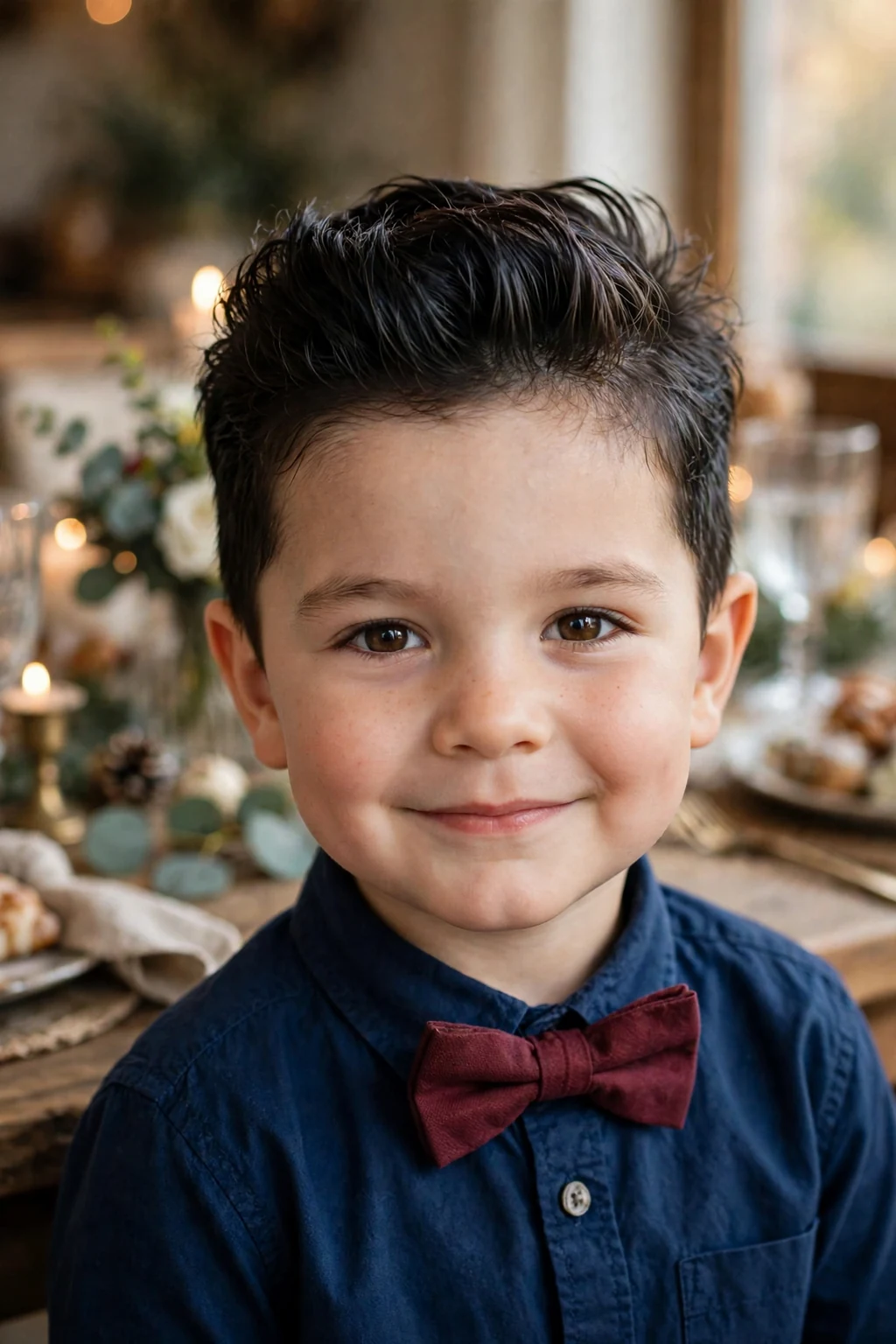 A dapper four-year-old toddler boy with a mini pompadour haircut, wearing a maroon bow tie and navy shirt at a family celebration table.