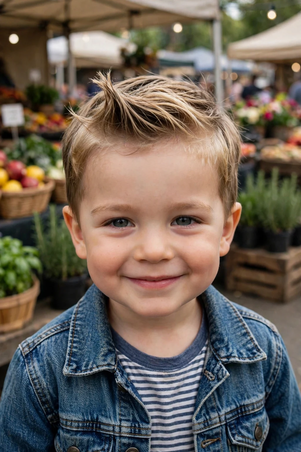 A smiling three-year-old toddler boy with a mini quiff haircut, wearing a denim jacket over a striped tee at a farmers market.