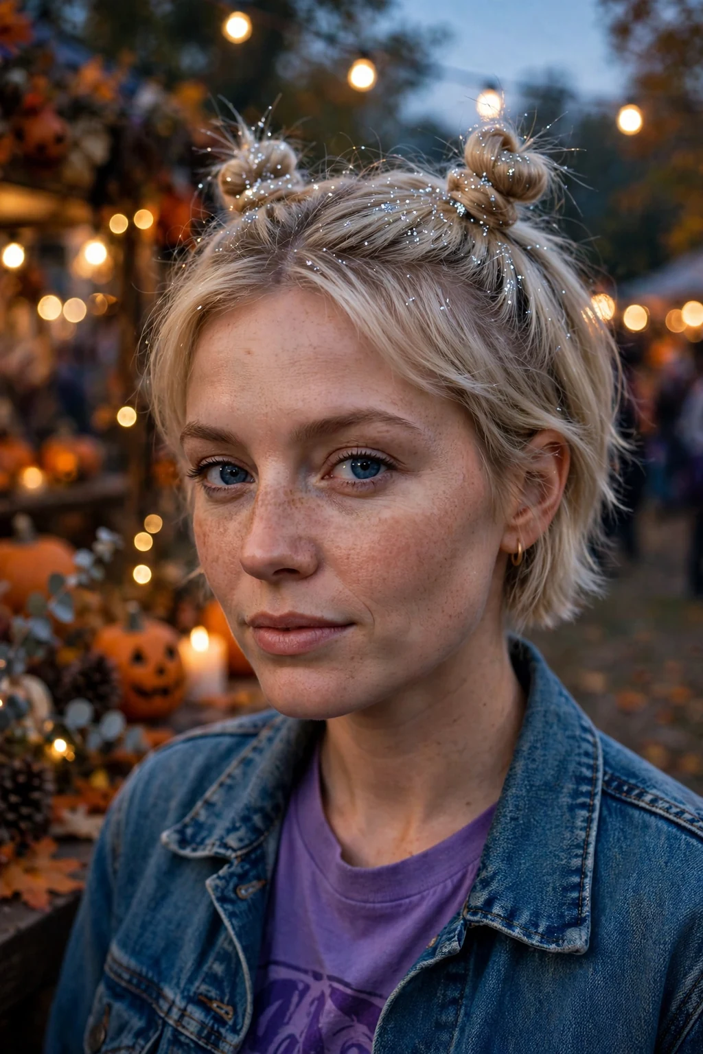 Young woman with two tiny space buns on short hair with glitter, wearing a purple graphic tee and denim jacket at a Halloween festival.