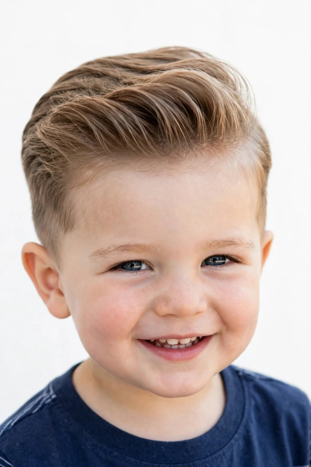 Adorable toddler boy with a mini pompadour hairstyle, swept-up front volume, neat sides, cheerful light.