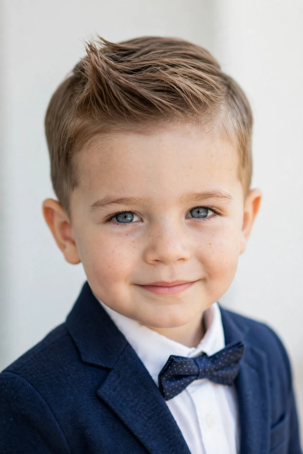 Dapper toddler boy with a mini quiff hairstyle, lifted front hair, neat sides, bright soft light.