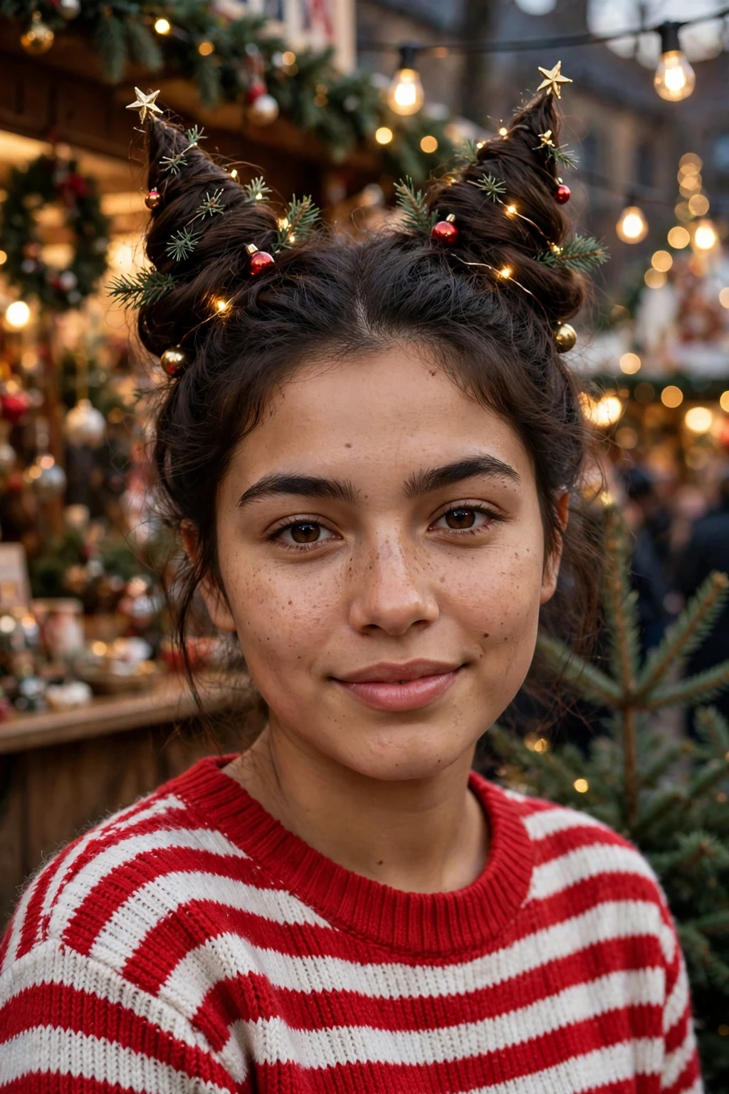Young woman with mini tree space buns hairstyle, festive holiday look.