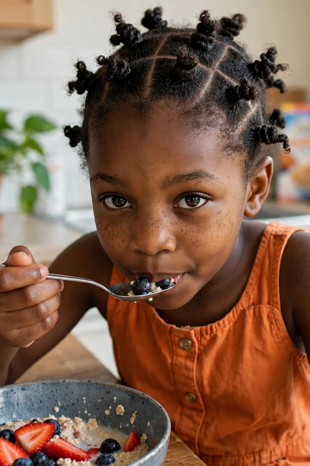 A young girl with mini twisted bantu knots all over her head, sitting in a sunny kitchen.