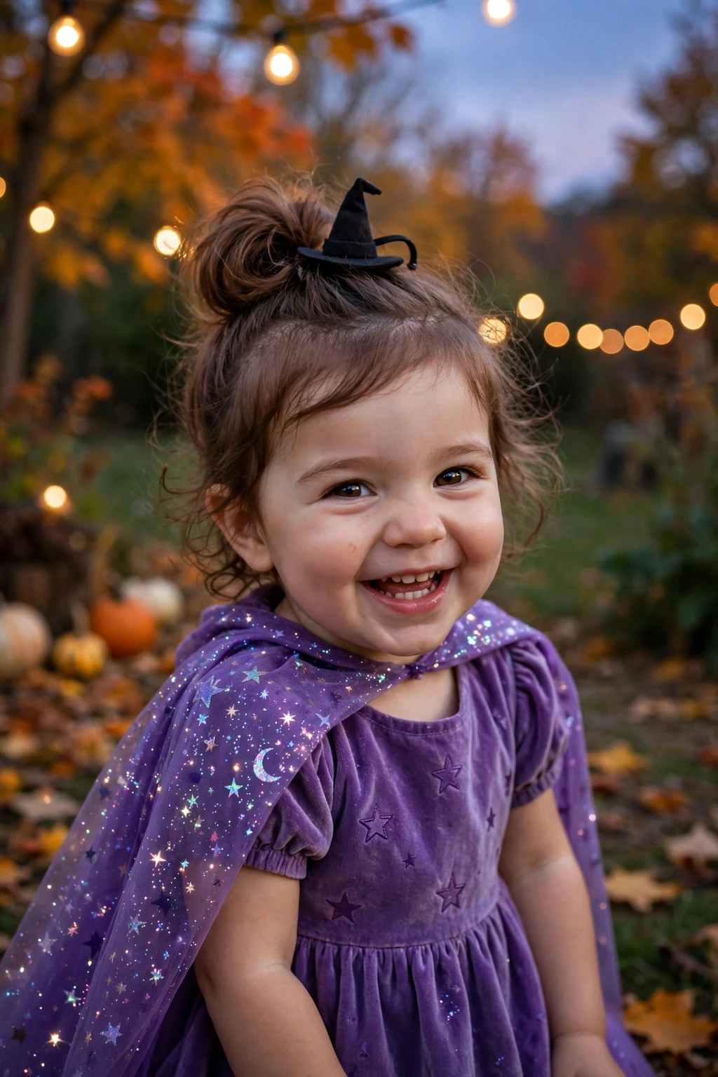 A toddler with a high bun topped by a tiny witch hat clip wearing a purple costume at dusk.