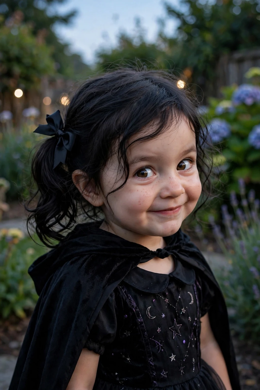 A toddler with a side ponytail and a black bow wearing a witch costume with a cape in a garden at dusk.