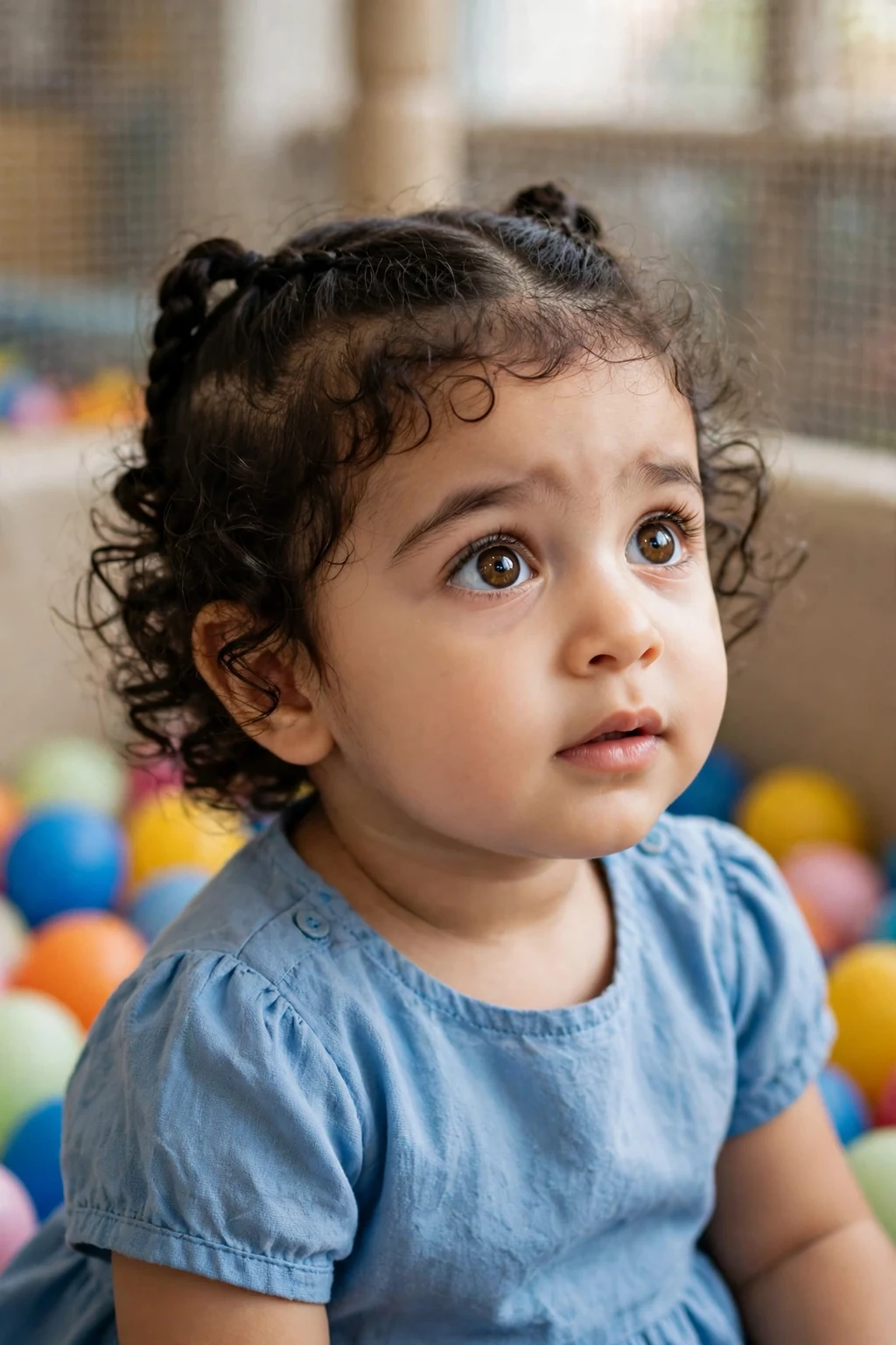 A toddler girl with mini dutch braids hairstyle, wearing sky-blue dress, in indoor play center ball pit.