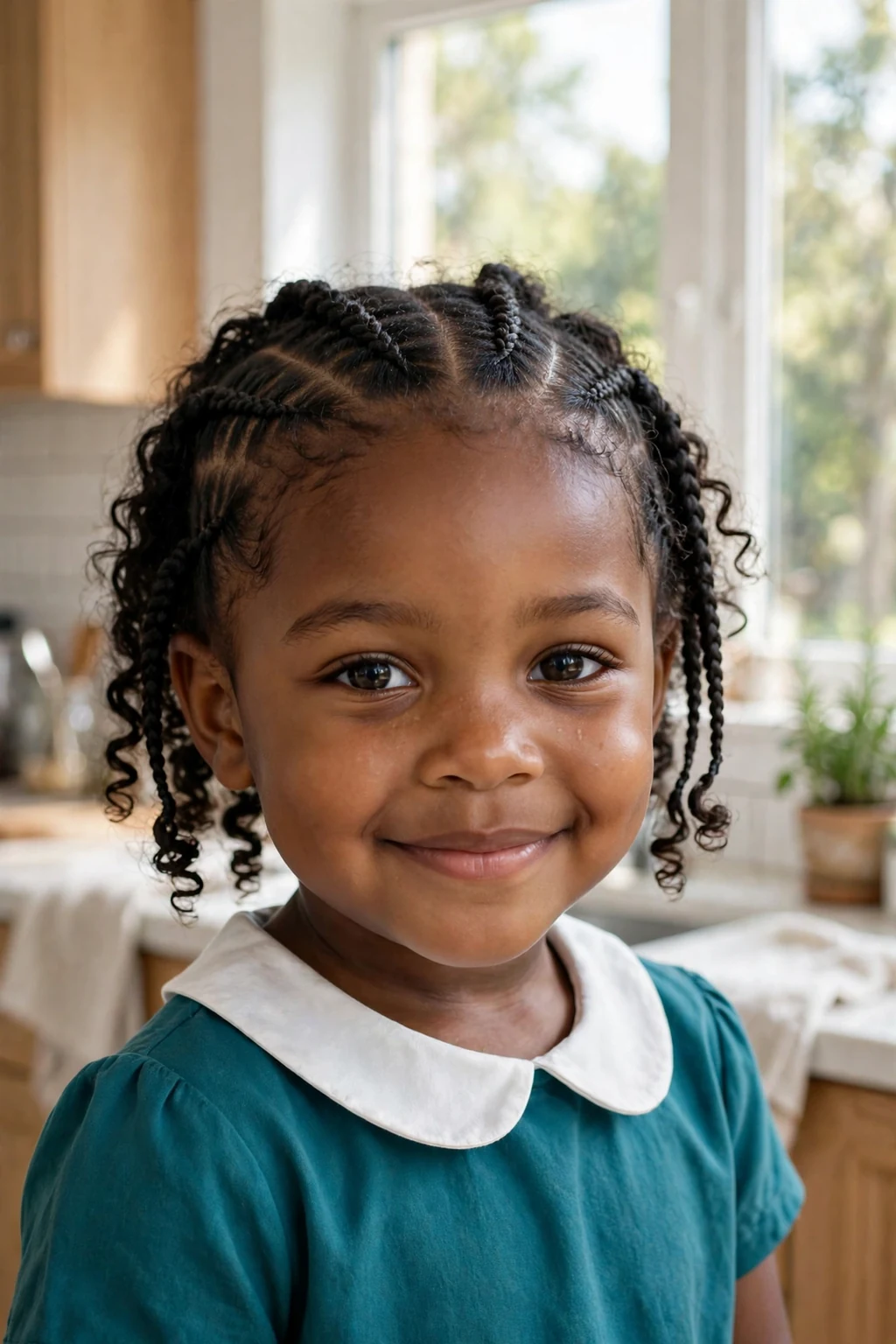 A toddler girl with mini french braids hairstyle, wearing teal dress with white collar, in bright kitchen by a window.
