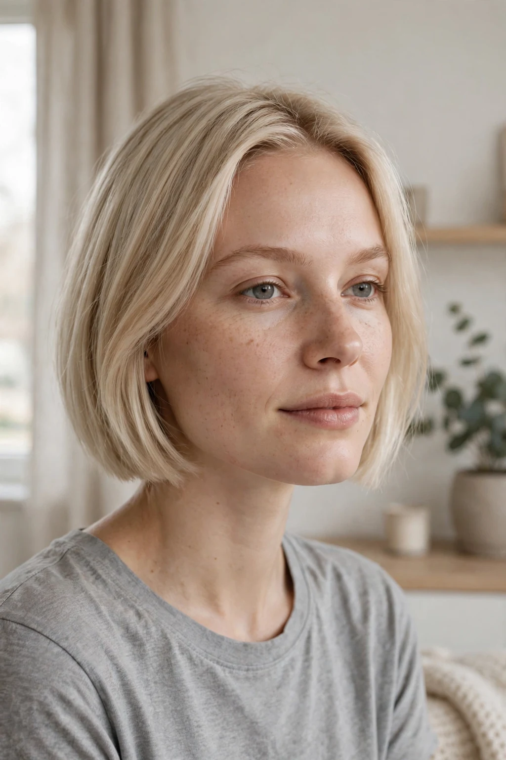 Beautiful woman with minimalist bob cut, clean minimalist bob, simple light.