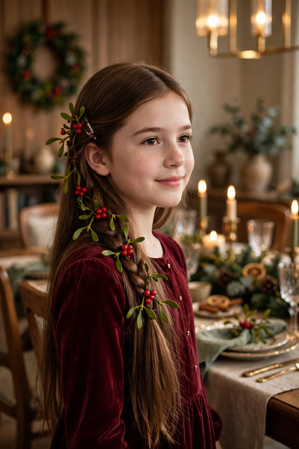 A young girl with a mistletoe side braid decorated with green leaves and red berry clips.