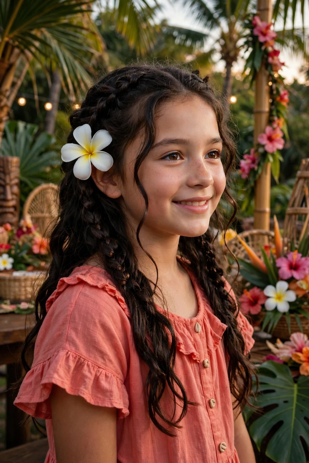 A young girl with loose island braids and a flower behind her ear at a tropical party.