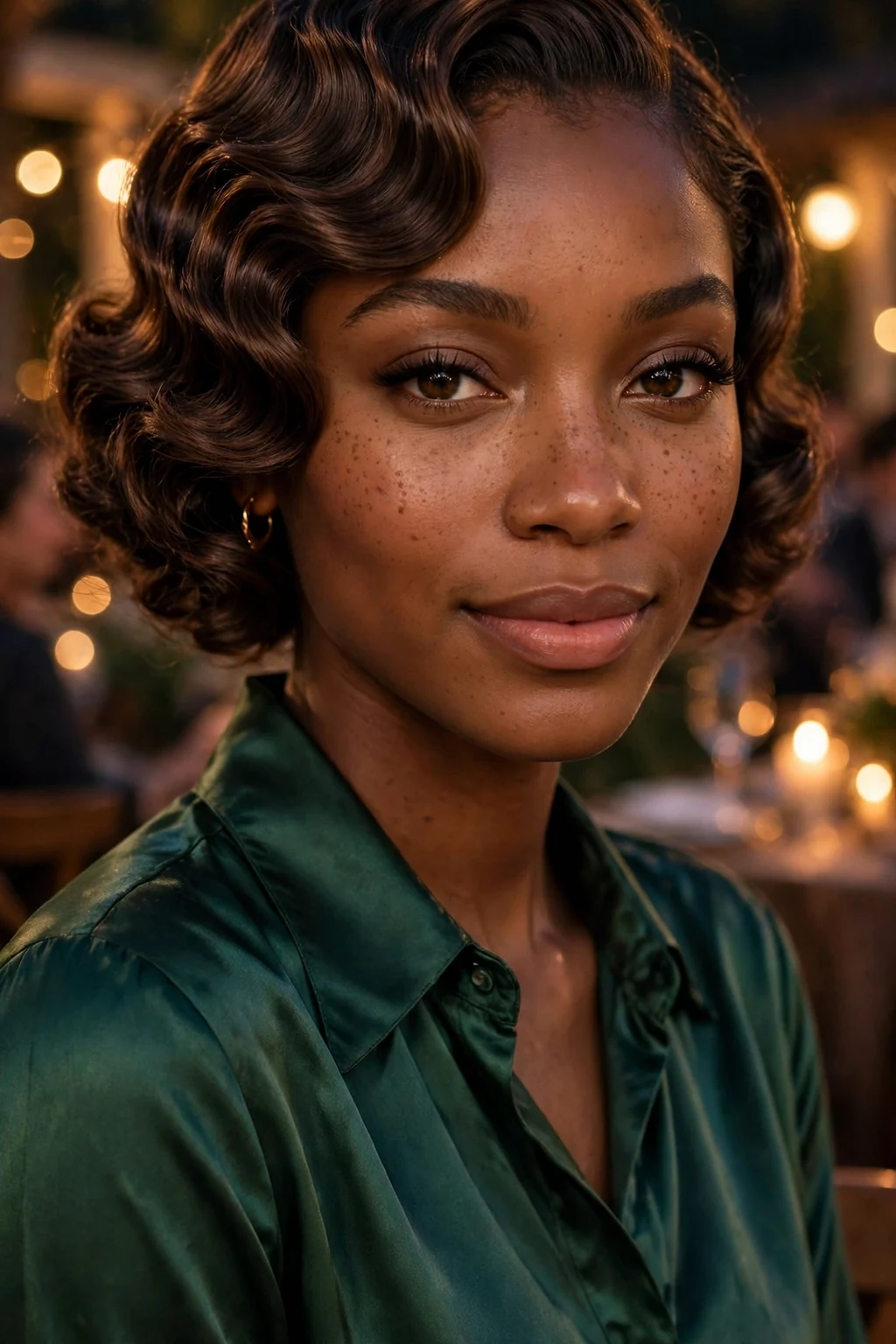 Young Black woman with mocha finger waves, vintage sculpted waves, wearing a satin blouse, at an evening event in fall.