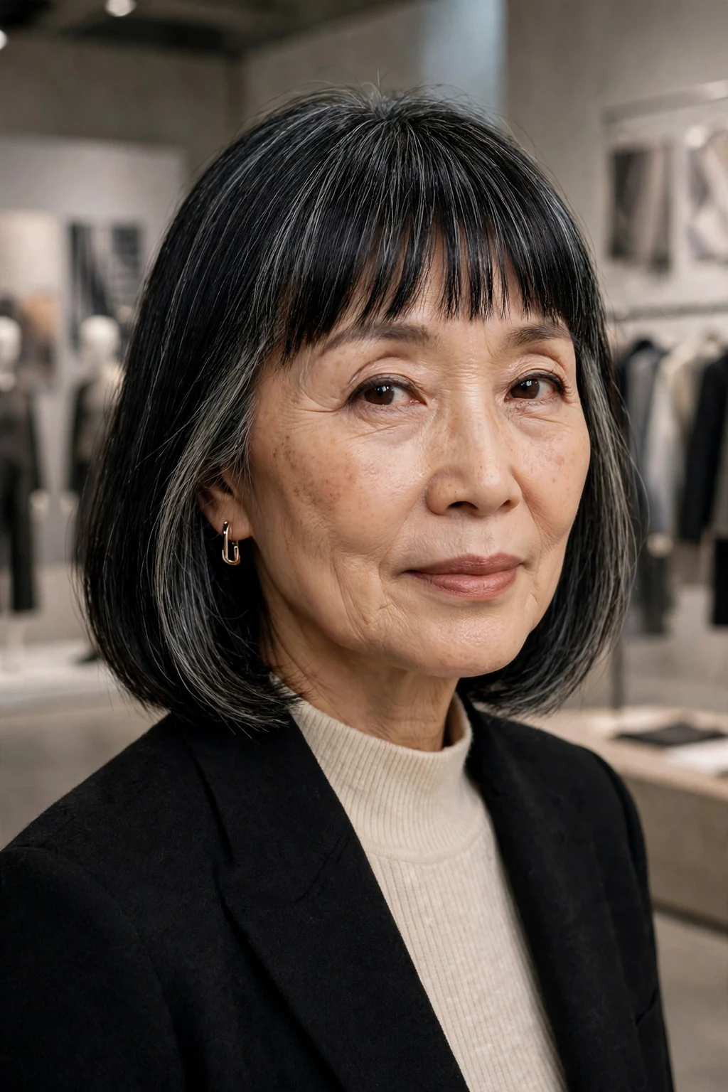 Beautiful older woman with modern bangs, contemporary modern bangs, fresh light.