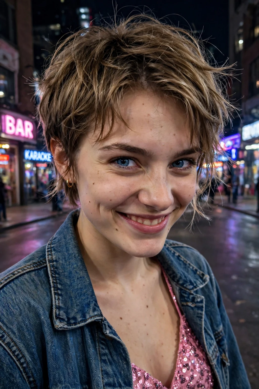 Young woman aged 18 to 20 with modern bixie cut hairstyle for prom, a city street with neon signs at night.