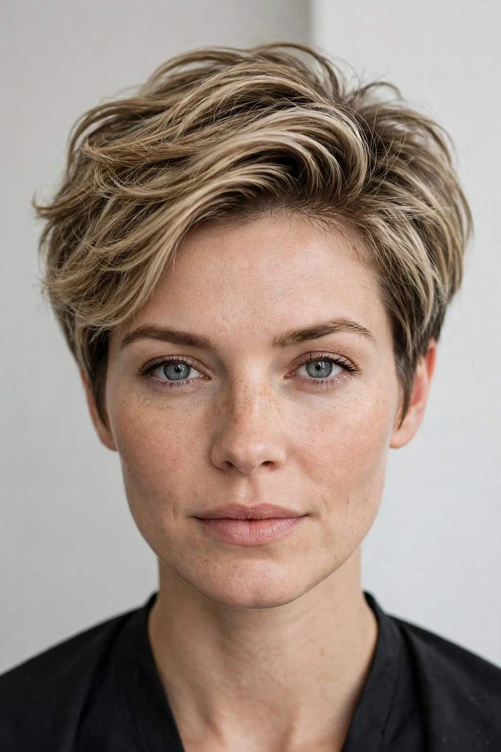 Woman with modern bixie for fine hair, bixie hybrid with volume, trendy light.