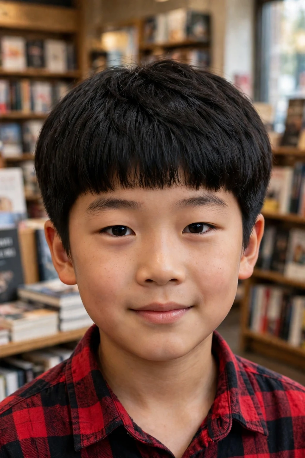 A boy with a modern bowl cut, a rounded shape with textured edges and a short nape, in a bookstore wearing a red and black plaid shirt.
