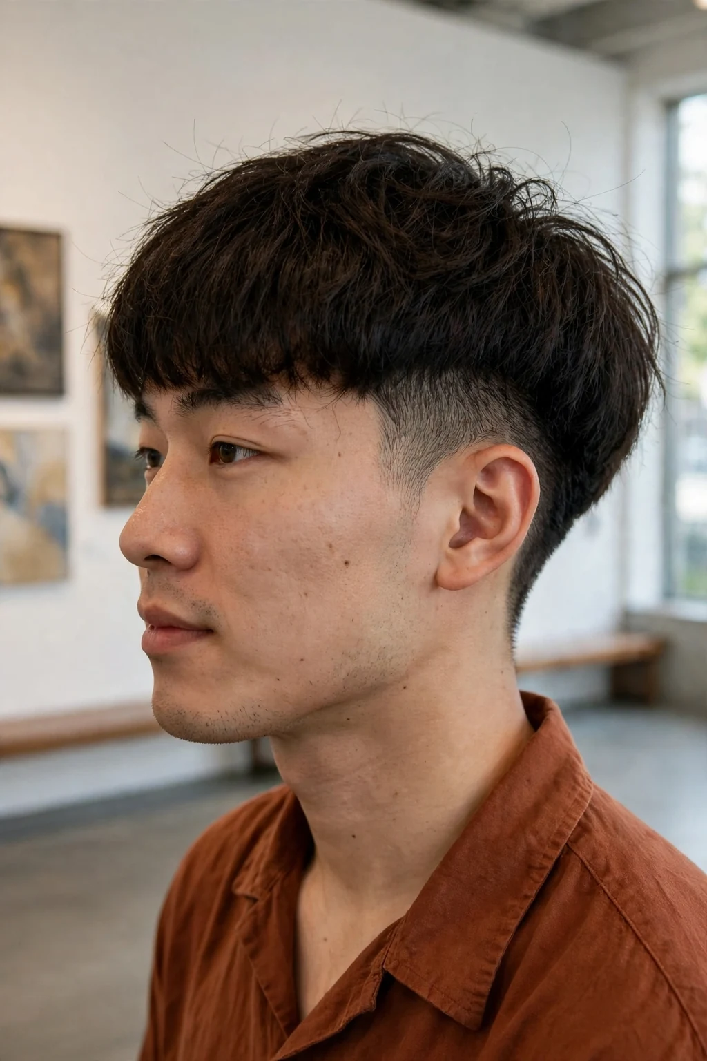 Young man with a modern bowl cut for thick hair, standing in an art gallery in a rust-colored shirt.
