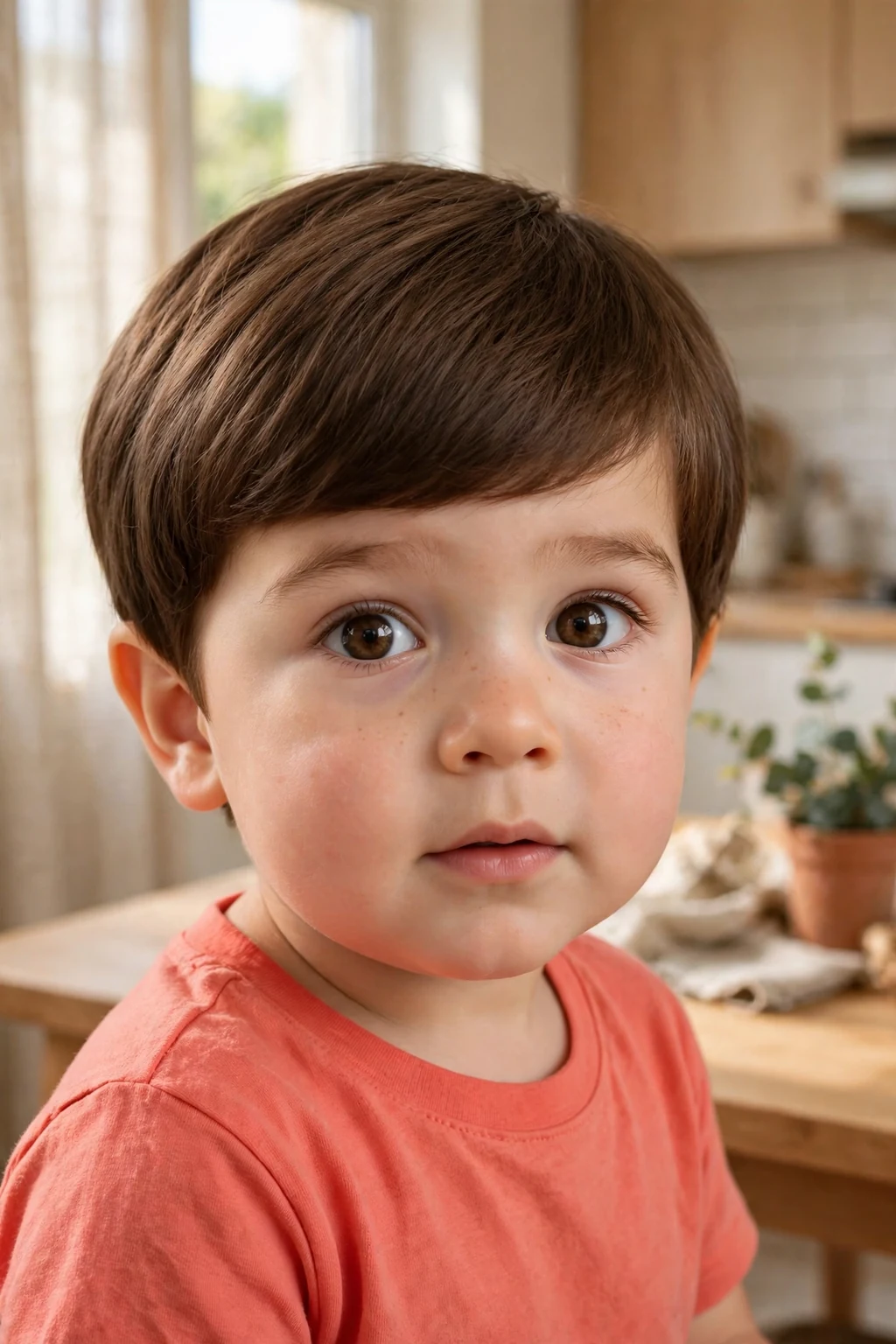 A cute three-year-old toddler boy with a modern bowl cut, wearing a coral T-shirt in a sunny kitchen nook.