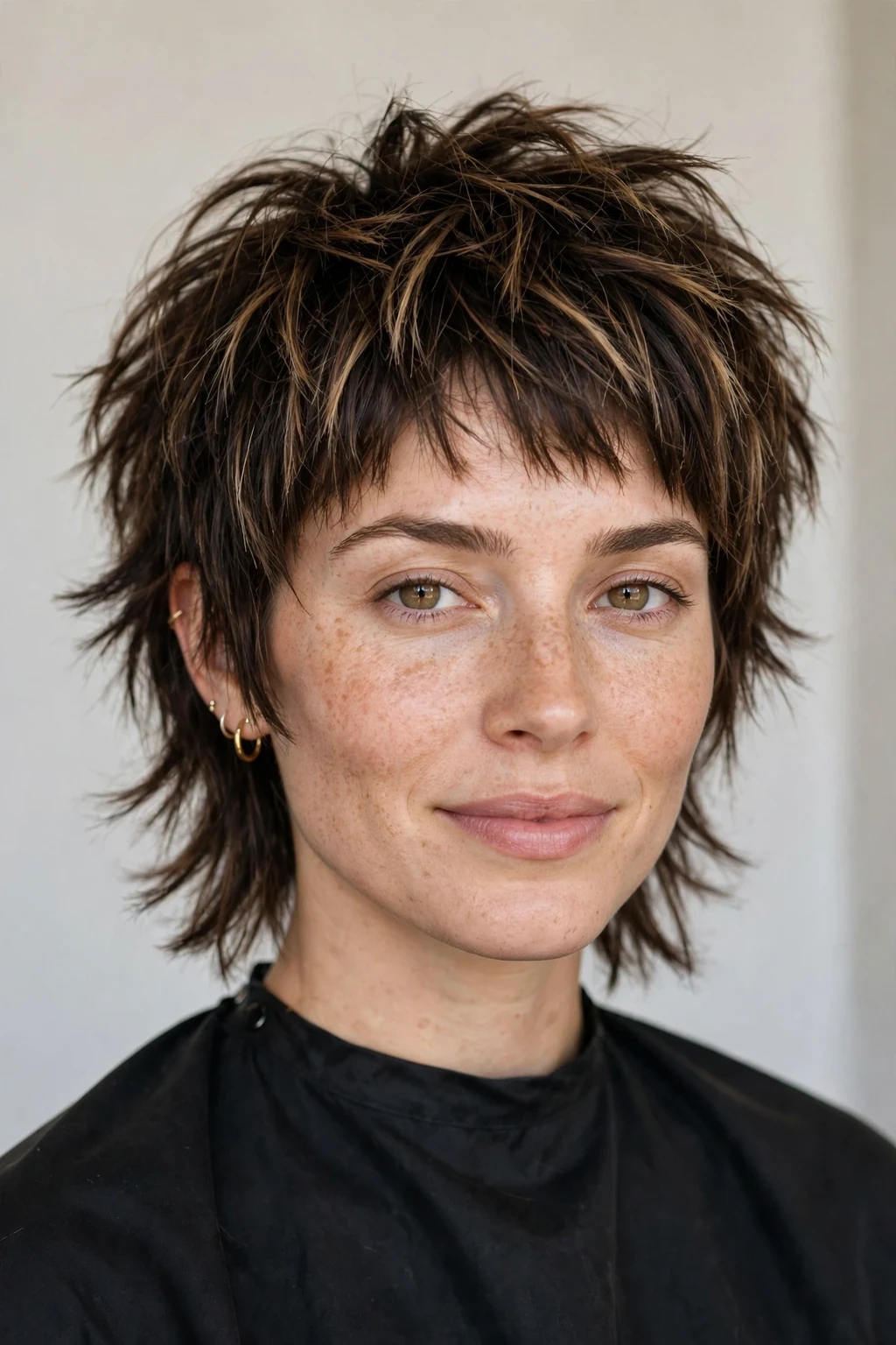 Woman with modern choppy mixie bob, mixie-bob hybrid with playful texture, trendy light.