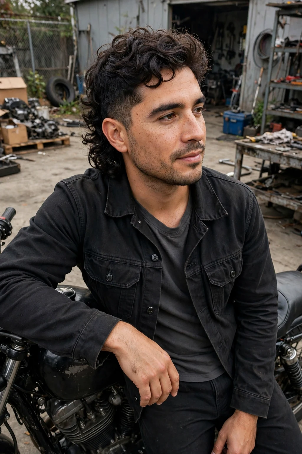 A man with a modern curly mullet, shorter curls at the front with longer curls at the back.