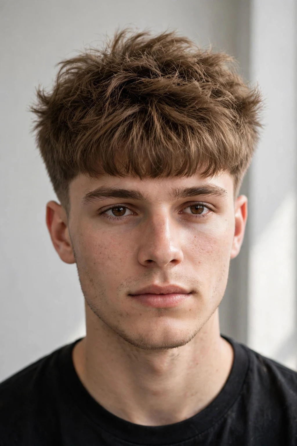 Man with modern fluffy Edgar cut, soft voluminous top, trendy natural light.