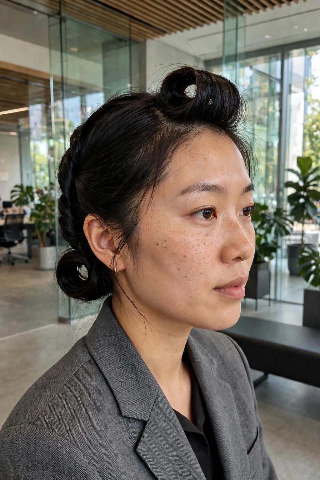 A young woman with a modern French roll updo, relaxed vertical roll with soft texture, in a contemporary office setting.